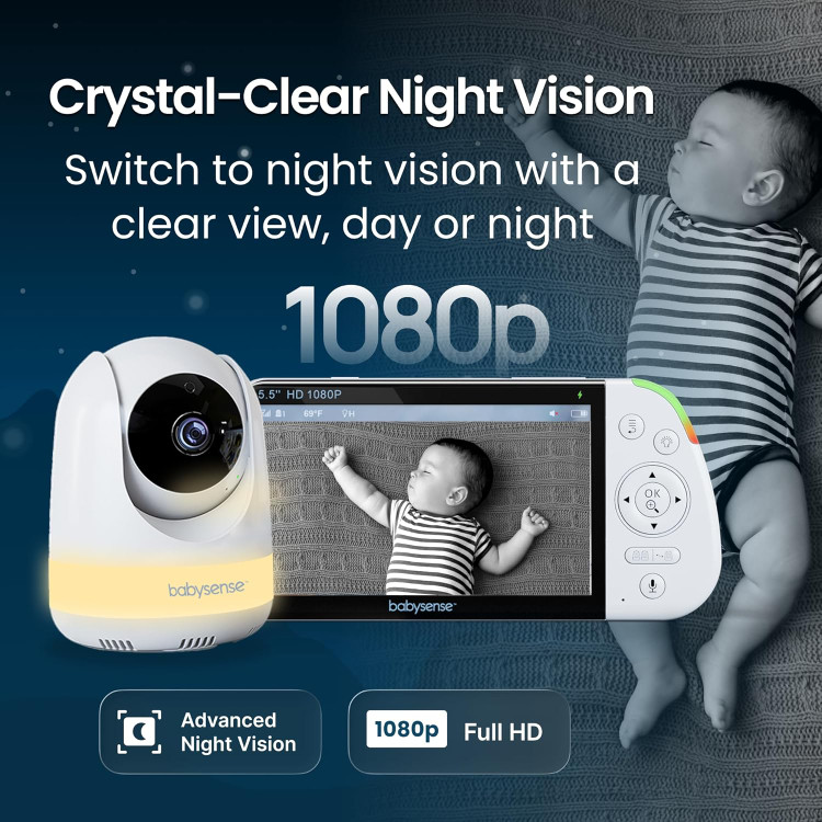 مانیتور کودک Babysense PRO Full HD بدون نیاز به وای فای با صفحه نمایش دو قسمتی، دوربین و صدا، مکالمه دو طرفه، چراغ خواب 6 رنگ، باتری 5000 میلی آمپر ساعتی، برد بالا، زوم 4 برابر و صدای شفاف