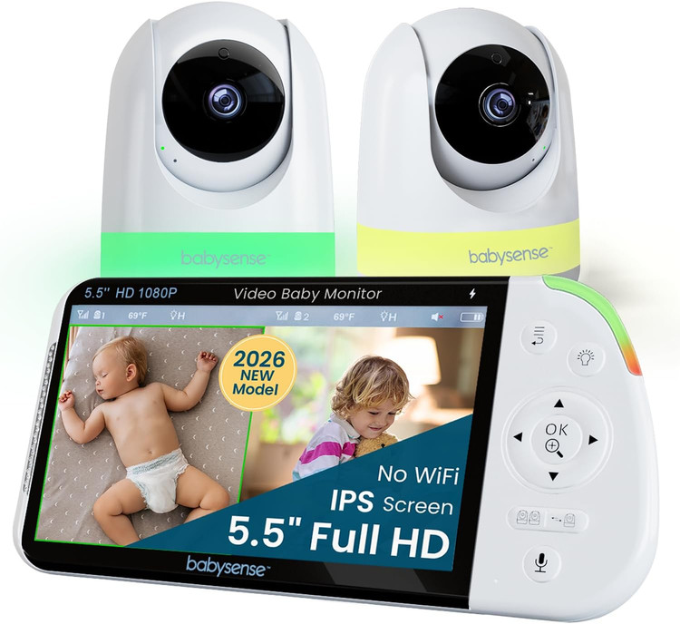 مانیتور کودک Babysense PRO Full HD بدون نیاز به وای فای با صفحه نمایش دو قسمتی، دارای ۲ دوربین PTZ،