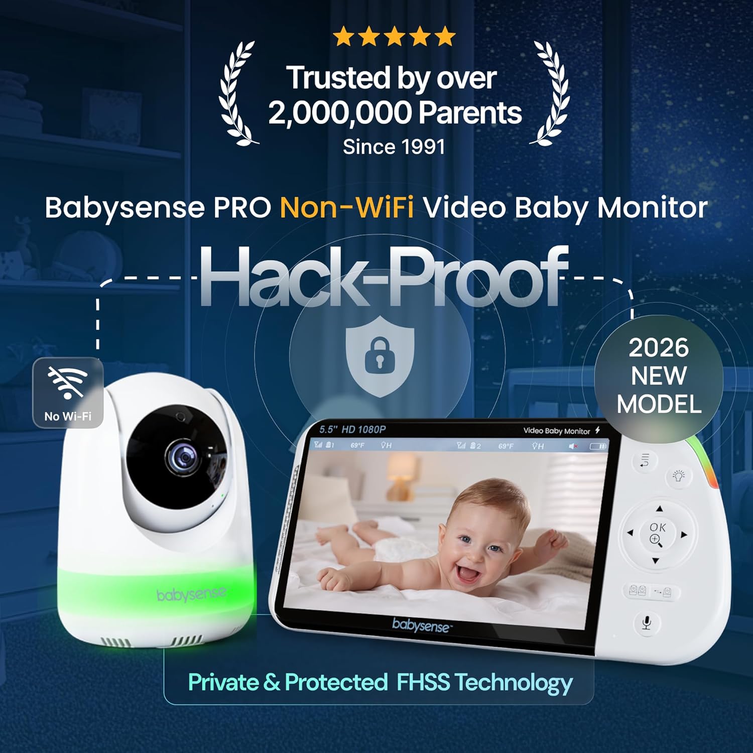 مانیتور کودک Babysense PRO Full HD بدون نیاز به وای فای با صفحه نمایش دو قسمتی، دارای ۲ دوربین PTZ،