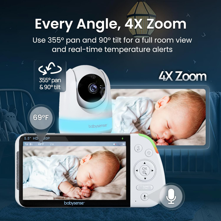 مانیتور کودک Babysense PRO Full HD بدون نیاز به وای فای با صفحه نمایش دو قسمتی، دارای ۲ دوربین PTZ،