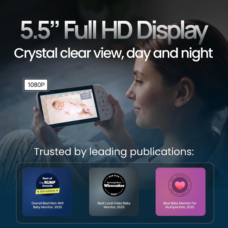 مانیتور کودک Babysense PRO Full HD بدون نیاز به وای فای با صفحه نمایش دو قسمتی، دارای ۲ دوربین PTZ،