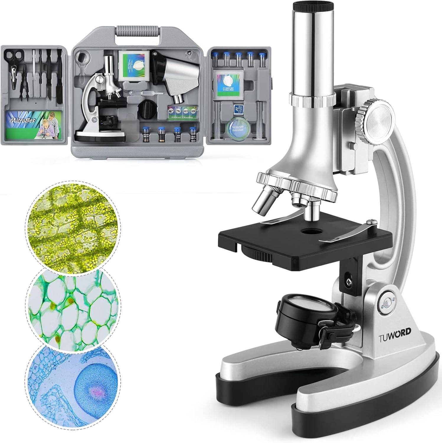 میکروسکوپ تک چشمی میکروسکوپ 300X-600X-1200X با بازوی فلزی، مجموعه کامل میکروسکوپ (70 قطعه + لوازم جانبی)، تنظیم دقیق، آموزش زیست شناسی