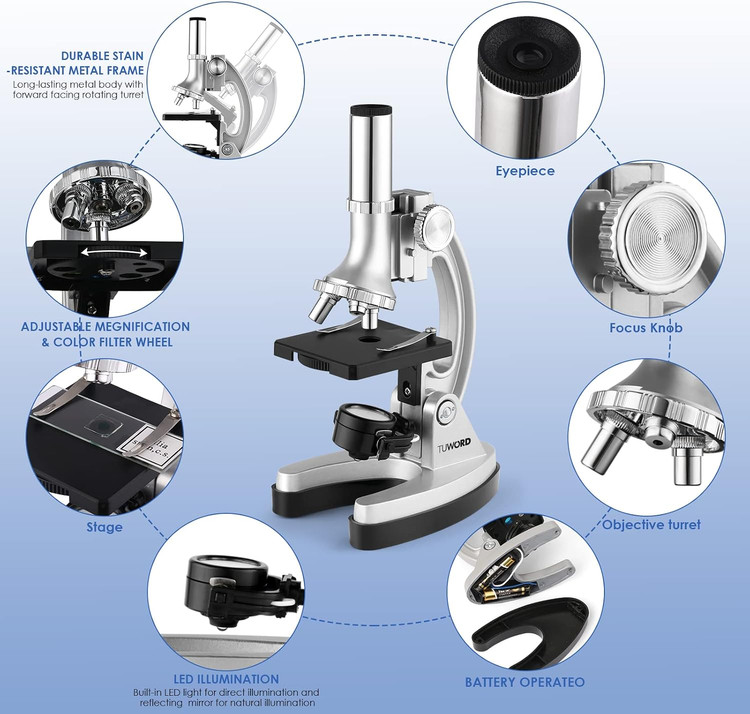 میکروسکوپ تک چشمی میکروسکوپ 300X-600X-1200X با بازوی فلزی، مجموعه کامل میکروسکوپ (70 قطعه + لوازم جانبی)، تنظیم دقیق، آموزش زیست شناسی