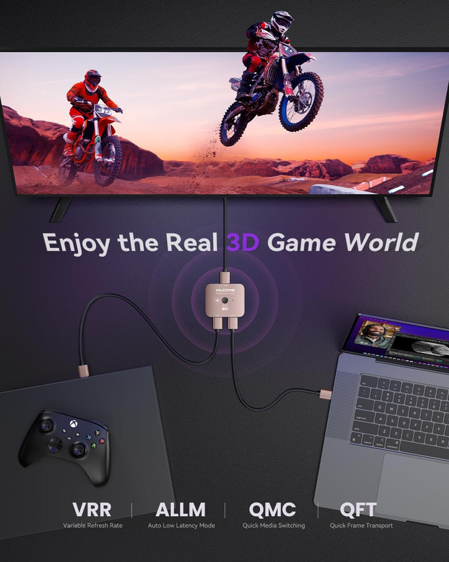 سوئیچ HDMI 2.1 ویلکام، سوئیچر HDMI اولترا اچدی 8K، اسپلیتر 2 در 1 خروجی، سوئیچ HDMI دو جهته با پشتیبانی از 4K@120Hz و 8K@60Hz، سوئیچ HDMI آلومینیومی برای PS5/4، ایکسباکس، روکو، اپل تیوی ن1