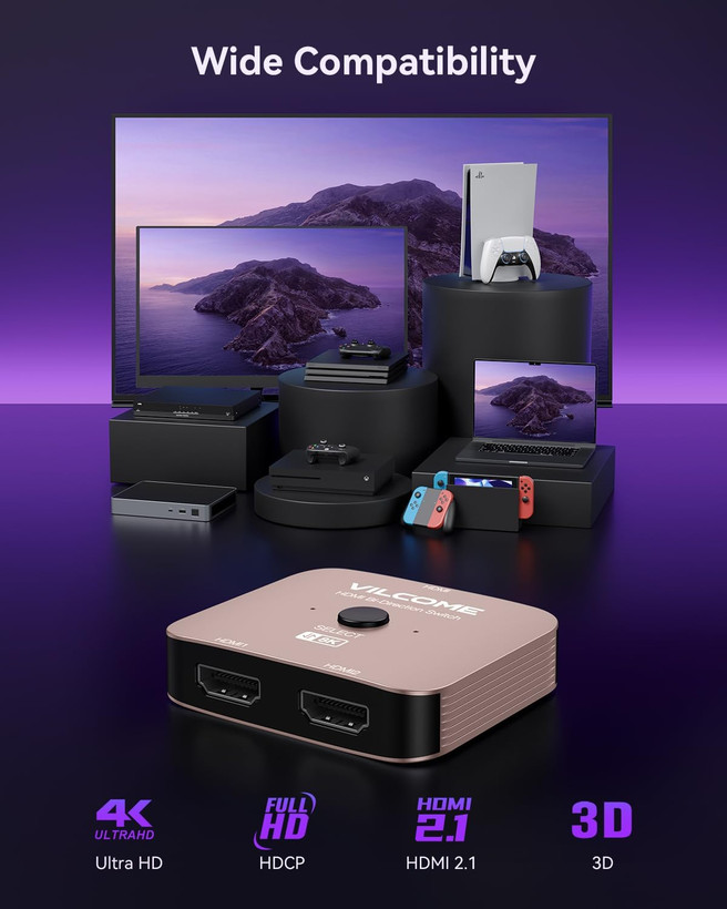 سوئیچ HDMI 2.1 ویلکام، سوئیچر HDMI اولترا اچدی 8K، اسپلیتر 2 در 1 خروجی، سوئیچ HDMI دو جهته با پشتیبانی از 4K@120Hz و 8K@60Hz، سوئیچ HDMI آلومینیومی برای PS5/4، ایکسباکس، روکو، اپل تیوی ن1