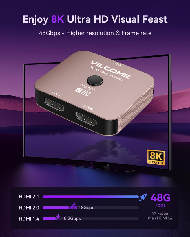 سوئیچ HDMI 2.1 ویلکام، سوئیچر HDMI اولترا اچدی 8K، اسپلیتر 2 در 1 خروجی، سوئیچ HDMI دو جهته با پشتیبانی از 4K@120Hz و 8K@60Hz، سوئیچ HDMI آلومینیومی برای PS5/4، ایکسباکس، روکو، اپل تیوی ن1