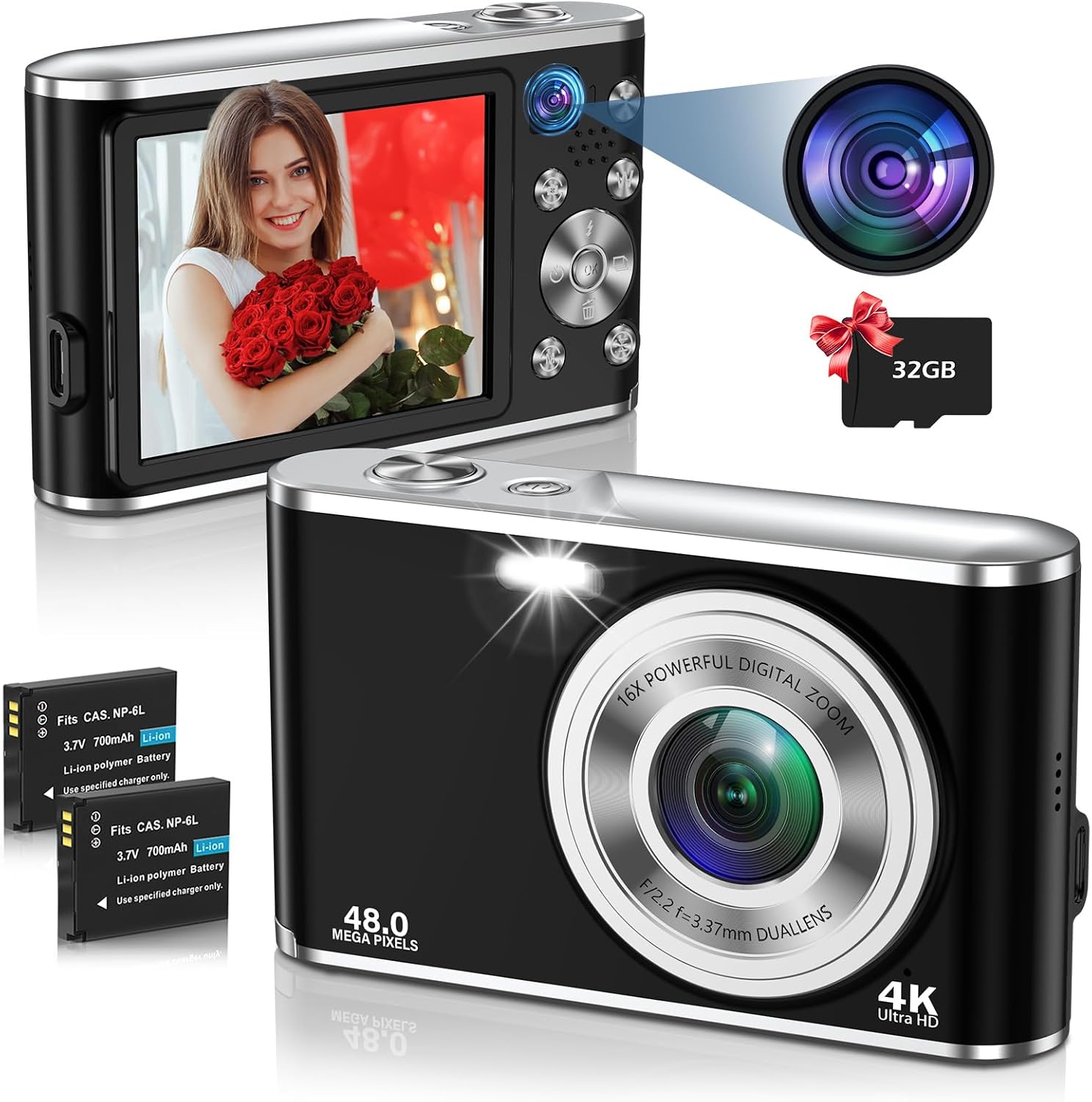 دوربین دیجیتال، دوربین دیجیتال UHD 4K با دوربین جلو و عقب، دوربین فیلمبرداری و وبلاگ نویسی با فوکوس خودکار 48 مگاپیکسلی و زوم دیجیتال 16 برابر با کارت حافظه 32 گیگابایتی، دوربین عکاسی کامپکت با صفحه نمایش 2.8 اینچی برای مبتدیان (مشکی)  ن1