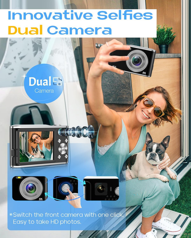 دوربین دیجیتال، دوربین دیجیتال UHD 4K با دوربین جلو و عقب، دوربین فیلمبرداری و وبلاگ نویسی با فوکوس خودکار 48 مگاپیکسلی و زوم دیجیتال 16 برابر با کارت حافظه 32 گیگابایتی، دوربین عکاسی کامپکت با صفحه نمایش 2.8 اینچی برای مبتدیان (مشکی) ن1