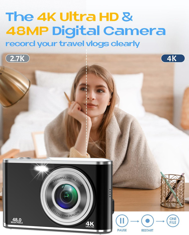 دوربین دیجیتال، دوربین دیجیتال UHD 4K با دوربین جلو و عقب، دوربین فیلمبرداری و وبلاگ نویسی با فوکوس خودکار 48 مگاپیکسلی و زوم دیجیتال 16 برابر با کارت حافظه 32 گیگابایتی، دوربین عکاسی کامپکت با صفحه نمایش 2.8 اینچی برای مبتدیان (مشکی) ن1