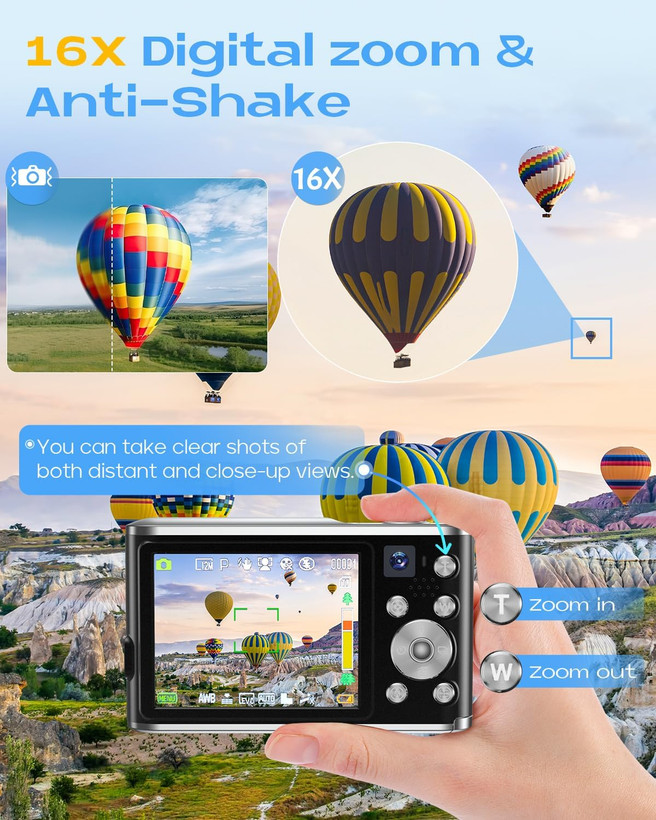 دوربین دیجیتال، دوربین دیجیتال UHD 4K با دوربین جلو و عقب، دوربین فیلمبرداری و وبلاگ نویسی با فوکوس خودکار 48 مگاپیکسلی و زوم دیجیتال 16 برابر با کارت حافظه 32 گیگابایتی، دوربین عکاسی کامپکت با صفحه نمایش 2.8 اینچی برای مبتدیان (مشکی) ن1