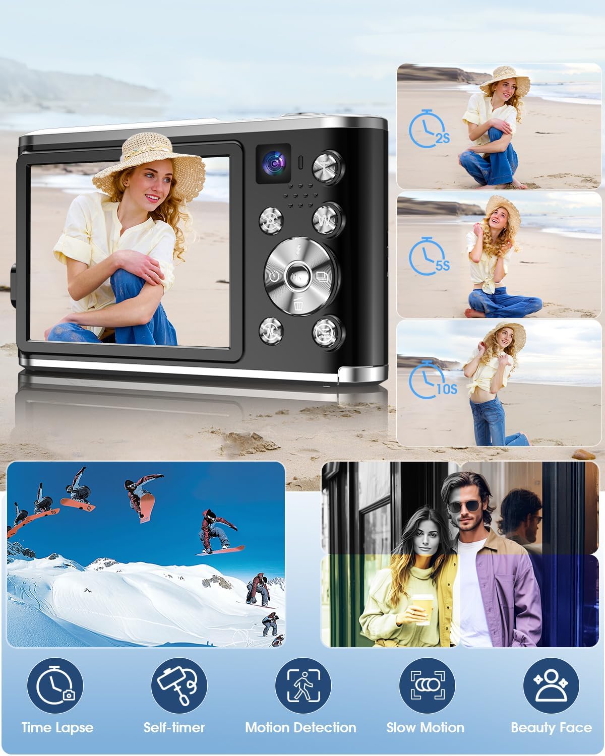 دوربین دیجیتال، دوربین دیجیتال UHD 4K با دوربین جلو و عقب، دوربین فیلمبرداری و وبلاگ نویسی با فوکوس خودکار 48 مگاپیکسلی و زوم دیجیتال 16 برابر با کارت حافظه 32 گیگابایتی، دوربین عکاسی کامپکت با صفحه نمایش 2.8 اینچی برای مبتدیان (مشکی) ن1