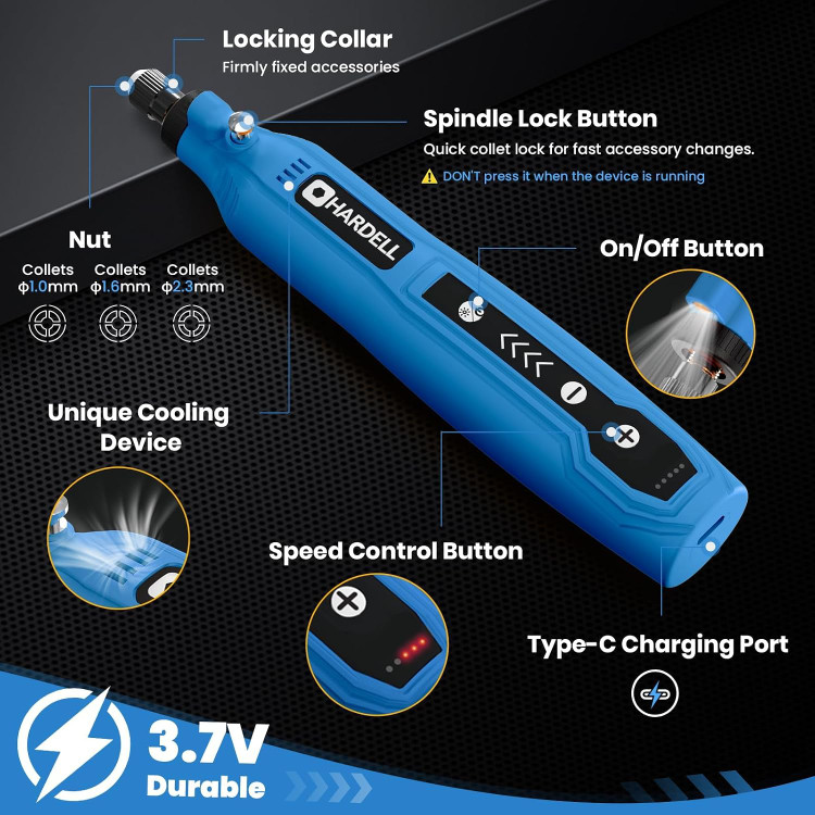 کیت ابزار چرخشی بیسیم HARDELL، ابزار چرخشی کوچک با ۶۹ قطعه جانبی | قابل شارژ با USB-C، با 5 سرعت متغیر ۵۰۰۰-۱۸۰۰۰ دور در دقیقه برای حکاکی، سنبادهزنی، پرداخت، منبتکاری چوب، سوراخکاری و کارهای دستی ن1
