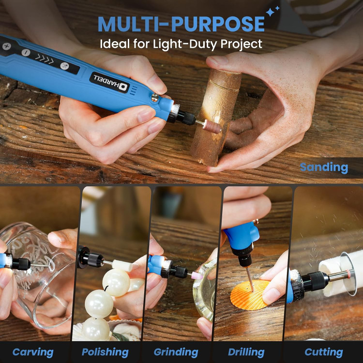 کیت ابزار چرخشی بیسیم HARDELL، ابزار چرخشی کوچک با ۶۹ قطعه جانبی | قابل شارژ با USB-C، با 5 سرعت متغیر ۵۰۰۰-۱۸۰۰۰ دور در دقیقه برای حکاکی، سنبادهزنی، پرداخت، منبتکاری چوب، سوراخکاری و کارهای دستی ن1