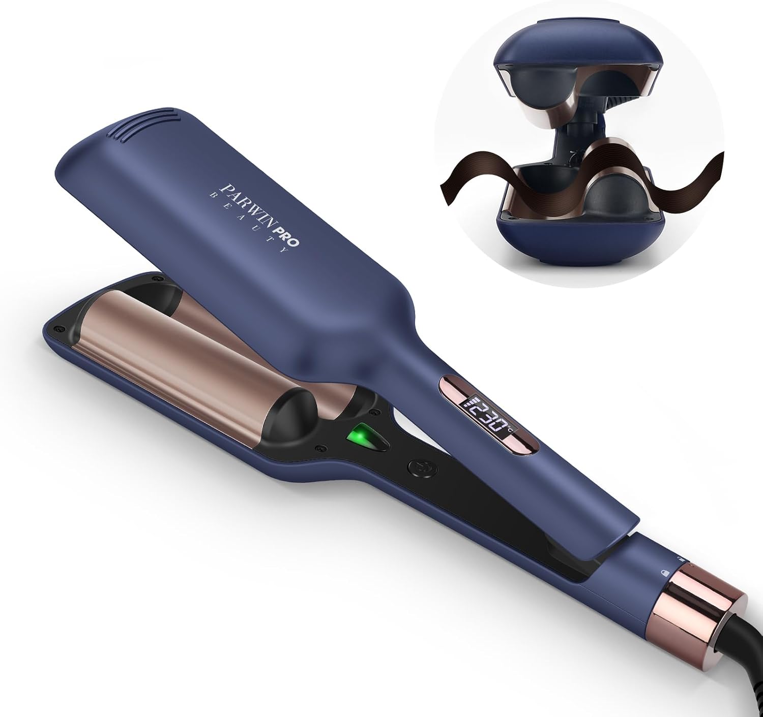 موج دهنده مو 2 لوله ای برای مو، اتوی فر کننده 32 میلی متری برای فرهای بزرگ و ساحلی، PARWIN PRO BEAUTY با 4 دمای قابل تنظیم، فرهای فوری (آبی پروس)  ن1