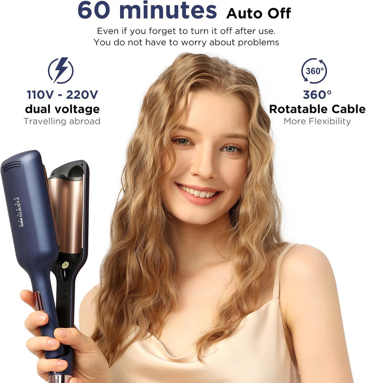 موج دهنده مو 2 لوله ای برای مو، اتوی فر کننده 32 میلی متری برای فرهای بزرگ و ساحلی، PARWIN PRO BEAUTY با 4 دمای قابل تنظیم، فرهای فوری (آبی پروس) ن1