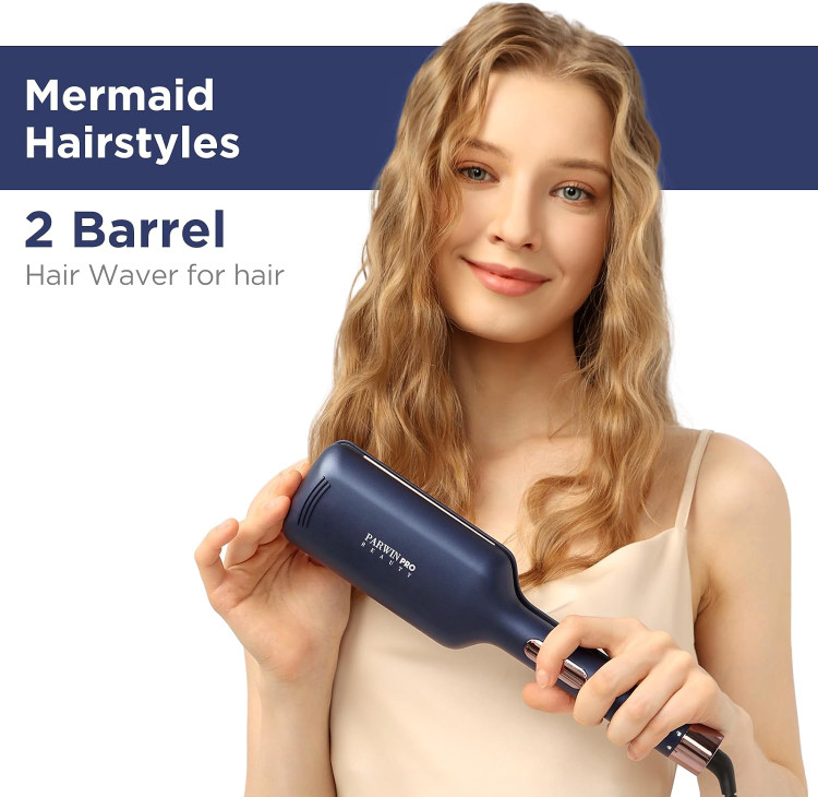 موج دهنده مو 2 لوله ای برای مو، اتوی فر کننده 32 میلی متری برای فرهای بزرگ و ساحلی، PARWIN PRO BEAUTY با 4 دمای قابل تنظیم، فرهای فوری (آبی پروس) ن1