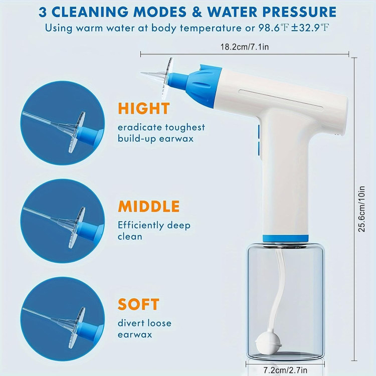 کیت پاک کننده جرم گوش، گوش پاک کن آبی برای کودکان و بزرگسالان، گوش پاک کن برقی قابل شارژ، سیستم شستشوی گوش با ۳ سطح آب، ۱۰ عدد سری گوش و ظرف جمع آوری آب