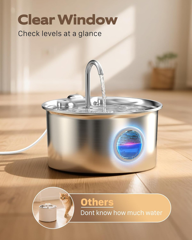 آبخوری استیل ضد زنگ برای گربهها:آبخوری استیل ضد زنگ ۲.۶ لیتری برای گربهها،آبخوری اتوماتیک بیصدا، با پنجره تنظیم سطح آب برای سگها