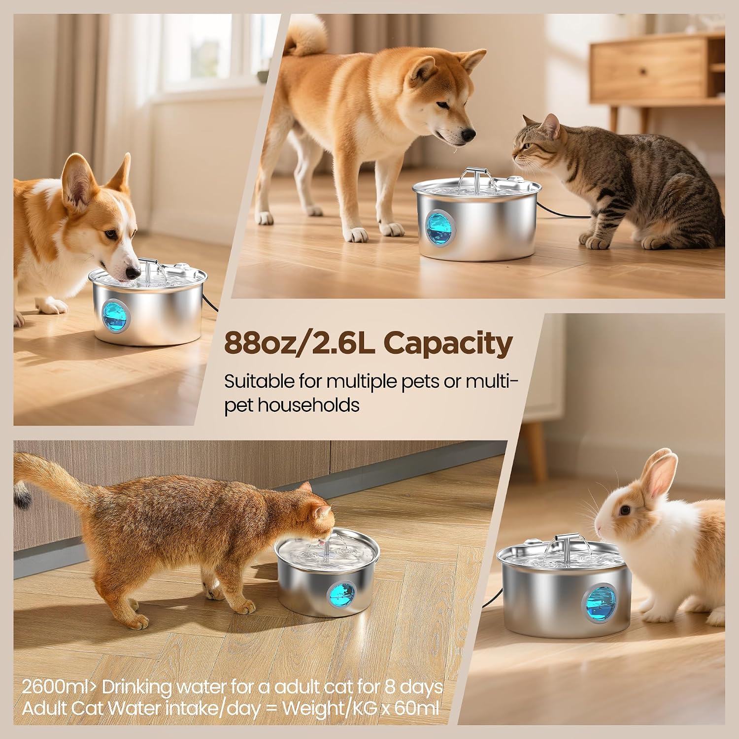 آبخوری گربه برند UMOCUOY مدل s17 از جنس استیل ضد زنگ برای گربهها -آبخوری2.6 لیتری - آبخوری گربه بیصدا - مناسب برای گربهها، سگها و سایر حیوانات خانگی