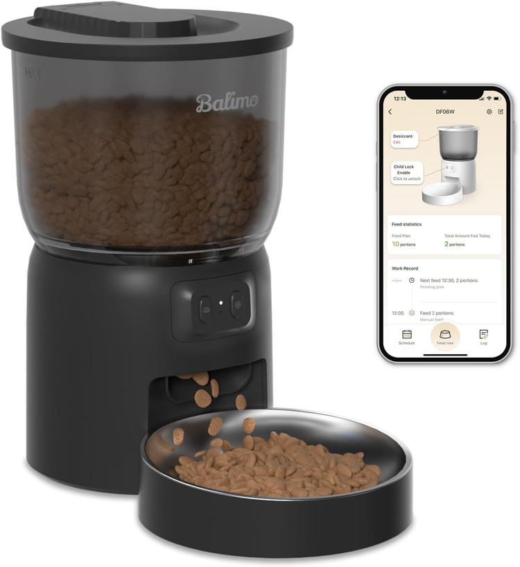 ظرف غذای گربه اتوماتیک Balimo، مدل du-f06w - ظرف غذای 3 لیتری 2.4G WiFi برای گربهها، 1 تا 10 وعده غذایی، مناسب برای سگها و گربهها، مشکی