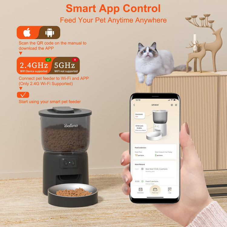 ظرف غذای گربه اتوماتیک Balimo، مدل du-f06w - ظرف غذای 3 لیتری 2.4G WiFi برای گربهها، 1 تا 10 وعده غذایی، مناسب برای سگها و گربهها، مشکی