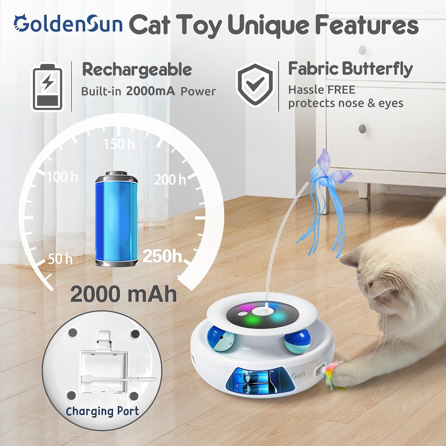 اسباببازیهای تعاملی گربه برند GoldenSun کاربرد3 در 1 برای گربههای خانگی، اسباببازیهای پر هوشمند گربه، اسباببازیهای گربه قابل شارژ، توپها و اسباببازی گربه پروانهای دستساز