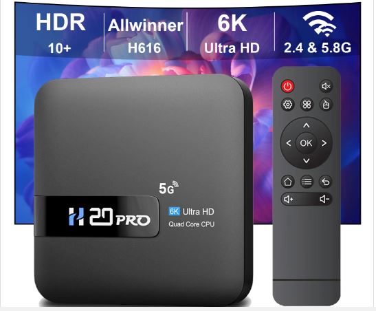 تی‌وی‌باکس هوشمند اندروید H20PRO، اندروید 10.0، 16 گیگابایت حافظه داخلی، 2.4 گیگابایت رم و 5 گیگابایت حافظه داخلی، پخش‌کننده رسانه 4K، فروشگاه پلی استور اندروید، ست آپ باکس بسیار سریع 1080P