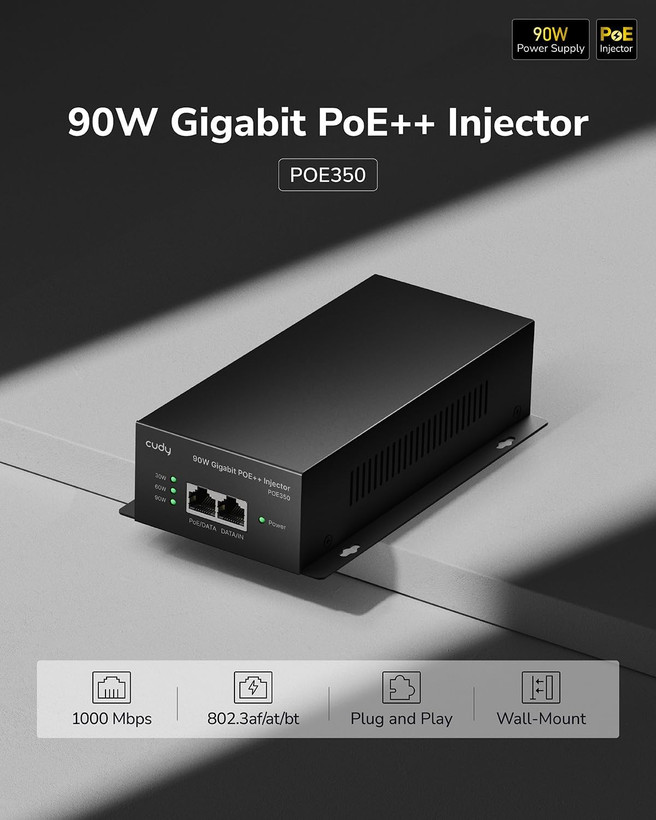 اینجکتور Cudy 90W Gigabit PoE++، 802.3bt/at/af، 4-Pair، فلزی، POE350