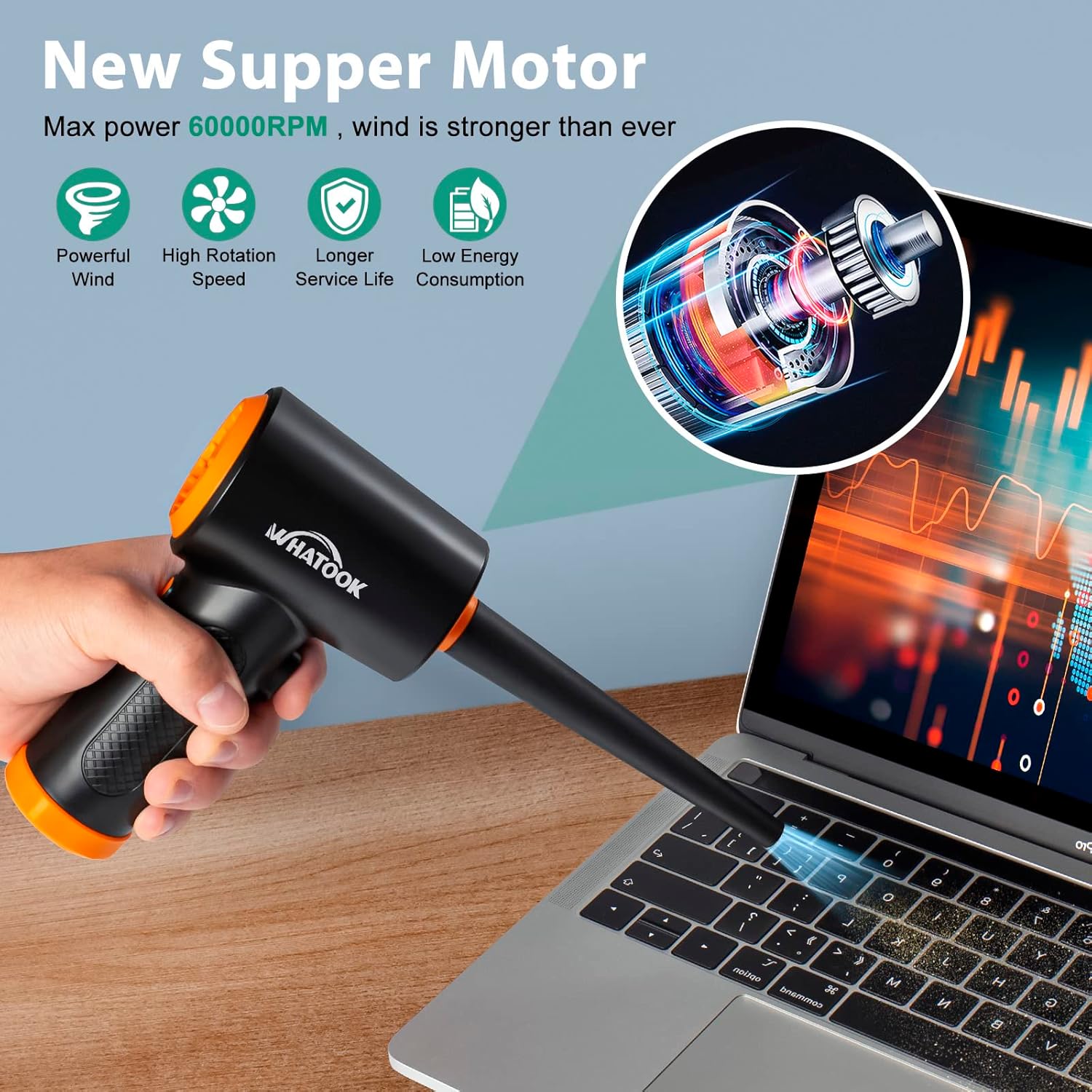 دمنده برقی گردوغبار با سرعت ۶۰٬۰۰۰ دور در دقیقه، دارای ۳ حالت سرعت، چراغ LED و شارژ USB-C