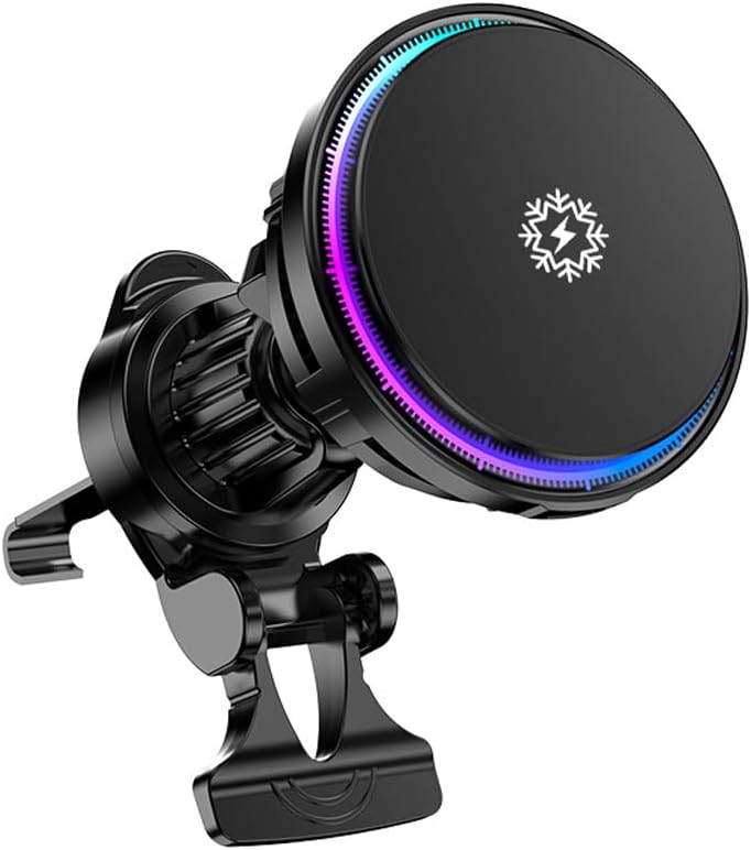 هولدر شارژر وایرلس خودرو ۱۵ وات با سیستم خنک‌کننده، نور RGB و پایه نگهدارنده موبایل دریچه‌ای