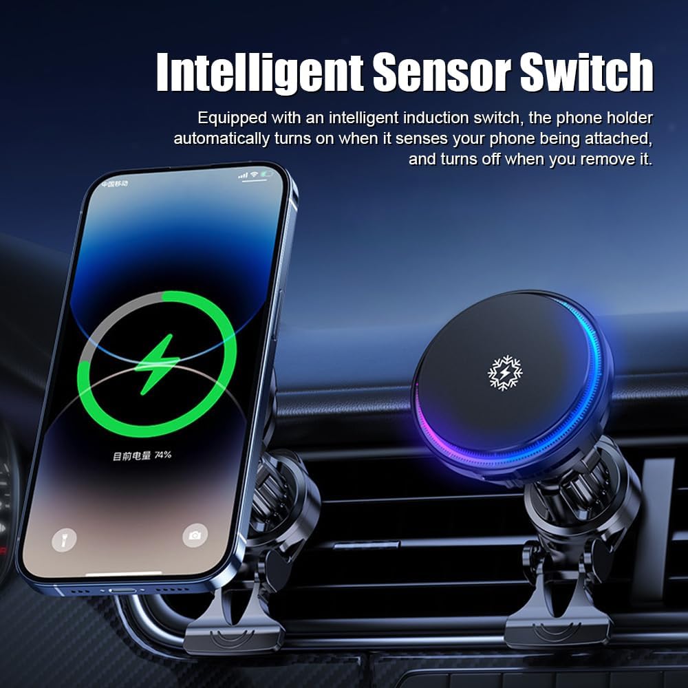 هولدر شارژر وایرلس خودرو ۱۵ وات با سیستم خنککننده، نور RGB و پایه نگهدارنده موبایل دریچهای