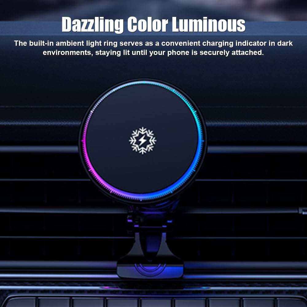 هولدر شارژر وایرلس خودرو ۱۵ وات با سیستم خنککننده، نور RGB و پایه نگهدارنده موبایل دریچهای