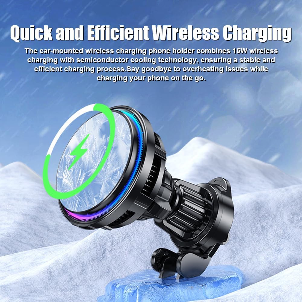 هولدر شارژر وایرلس خودرو ۱۵ وات با سیستم خنککننده، نور RGB و پایه نگهدارنده موبایل دریچهای