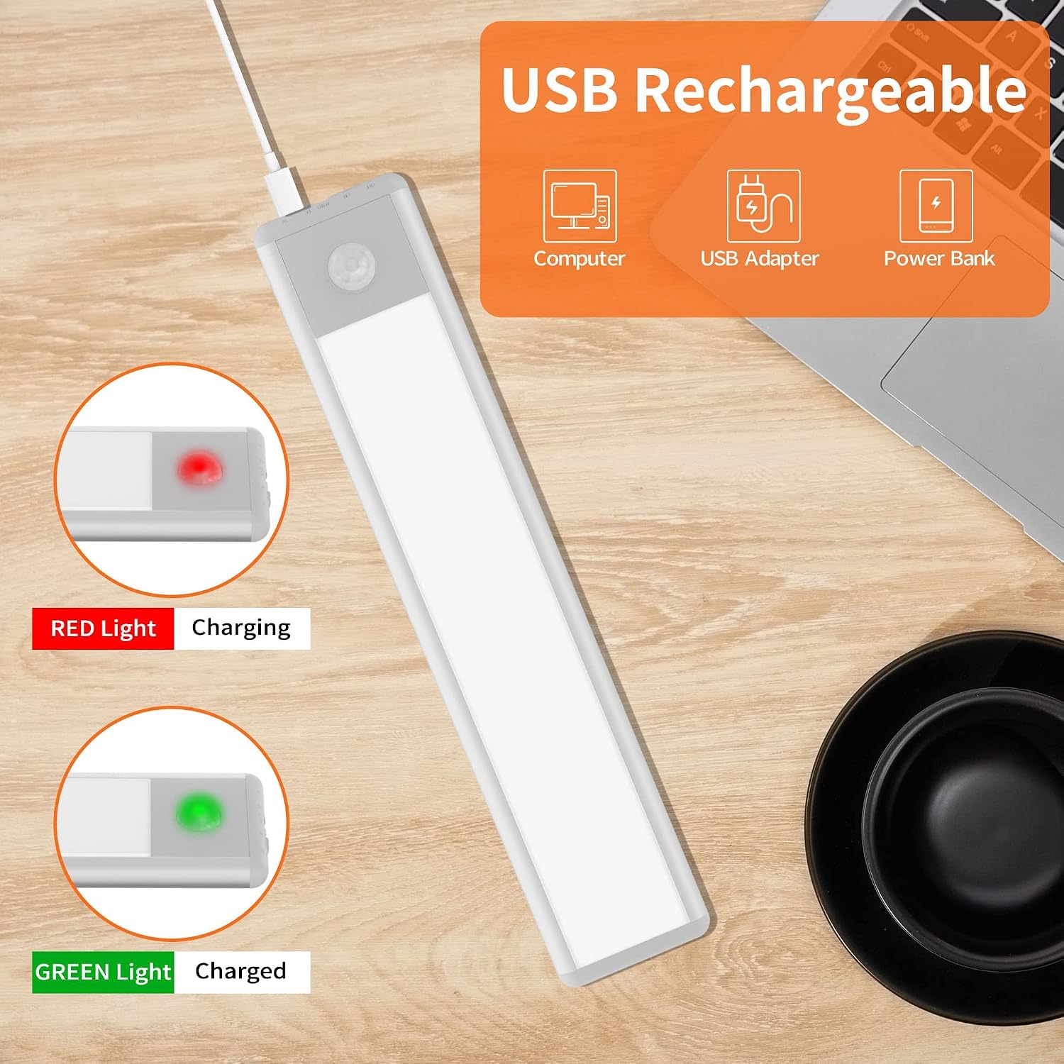 چراغ زیر کابینتی LED سنسوردار LROLTEF مدل ۲۵ سانتیمتر – شارژی با باتری ۱۵۰۰ میلیآمپر و نور سفید
