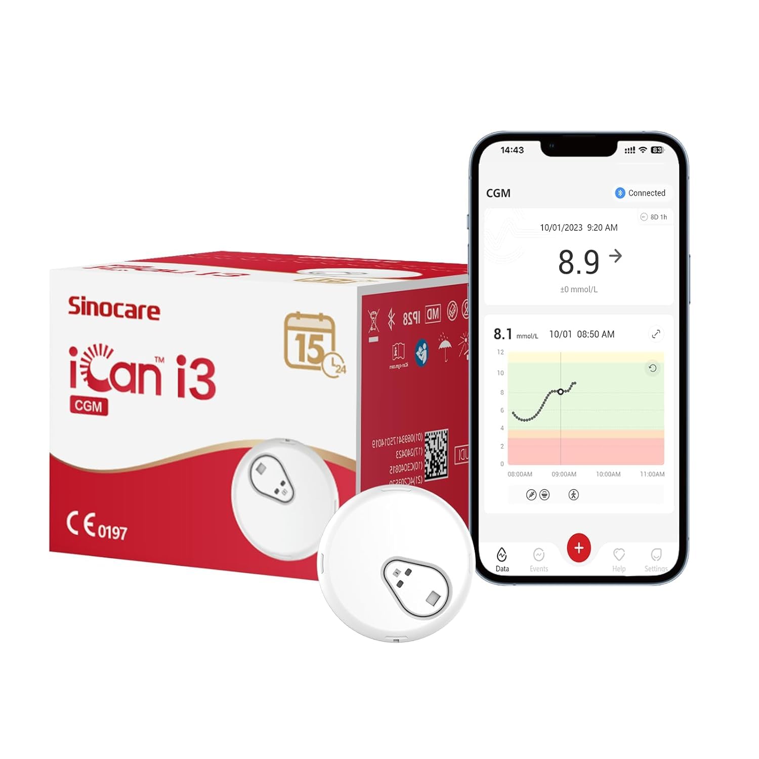 سنسور گلوکز - قند خون - ۱۵ روزه Sinocare iCan i3 (سیستم پایش مداوم قند خون - CGM)؛ بدون نیاز به سوراخ کردن انگشت