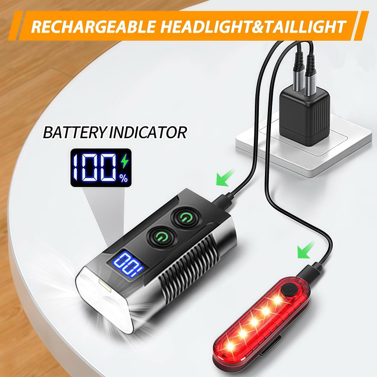 ست چراغ جلو و عقب دوچرخه REHKITTZ با نور ۳۳۰۰ لومن، شارژی USB و ۹ حالت نوردهی