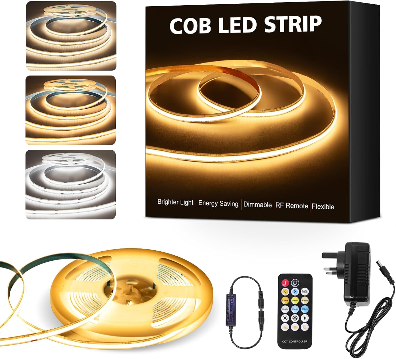 نوار LED نواری COB با قابلیت تنظیم رنگ نور (CCT)  نوار LED COB مدل CCT، طول ۵ متر، دارای ۵۶۰ عدد LED در هر متر، قابلیت تنظیم شدت نور و دمای رنگ از ۲۷۰۰K تا ۶۵۰۰K، ولتاژ ۲۴ ولت، همراه با ریموت کنترل و آداپتور برق
