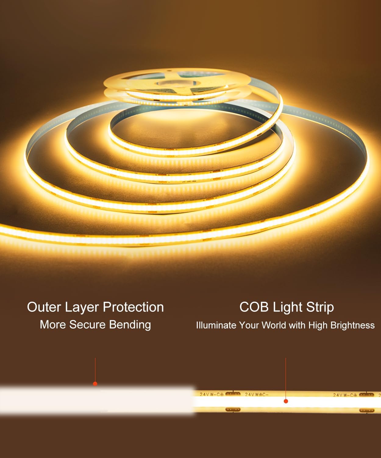 نوار LED نواری COB با قابلیت تنظیم رنگ نور (CCT) نوار LED COB مدل CCT، طول ۵ متر، دارای ۵۶۰ عدد LED در هر متر، قابلیت تنظیم شدت نور و دمای رنگ از ۲۷۰۰K تا ۶۵۰۰K، ولتاژ ۲۴ ولت، همراه با ریموت کنترل و آداپتور برق