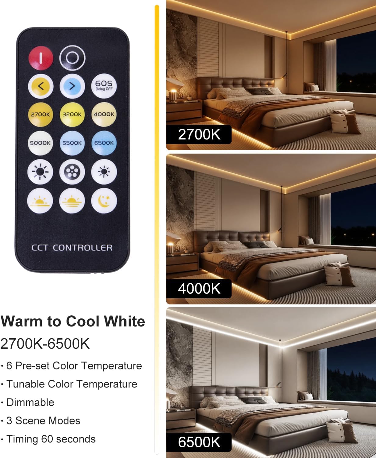 نوار LED نواری COB با قابلیت تنظیم رنگ نور (CCT) نوار LED COB مدل CCT، طول ۵ متر، دارای ۵۶۰ عدد LED در هر متر، قابلیت تنظیم شدت نور و دمای رنگ از ۲۷۰۰K تا ۶۵۰۰K، ولتاژ ۲۴ ولت، همراه با ریموت کنترل و آداپتور برق