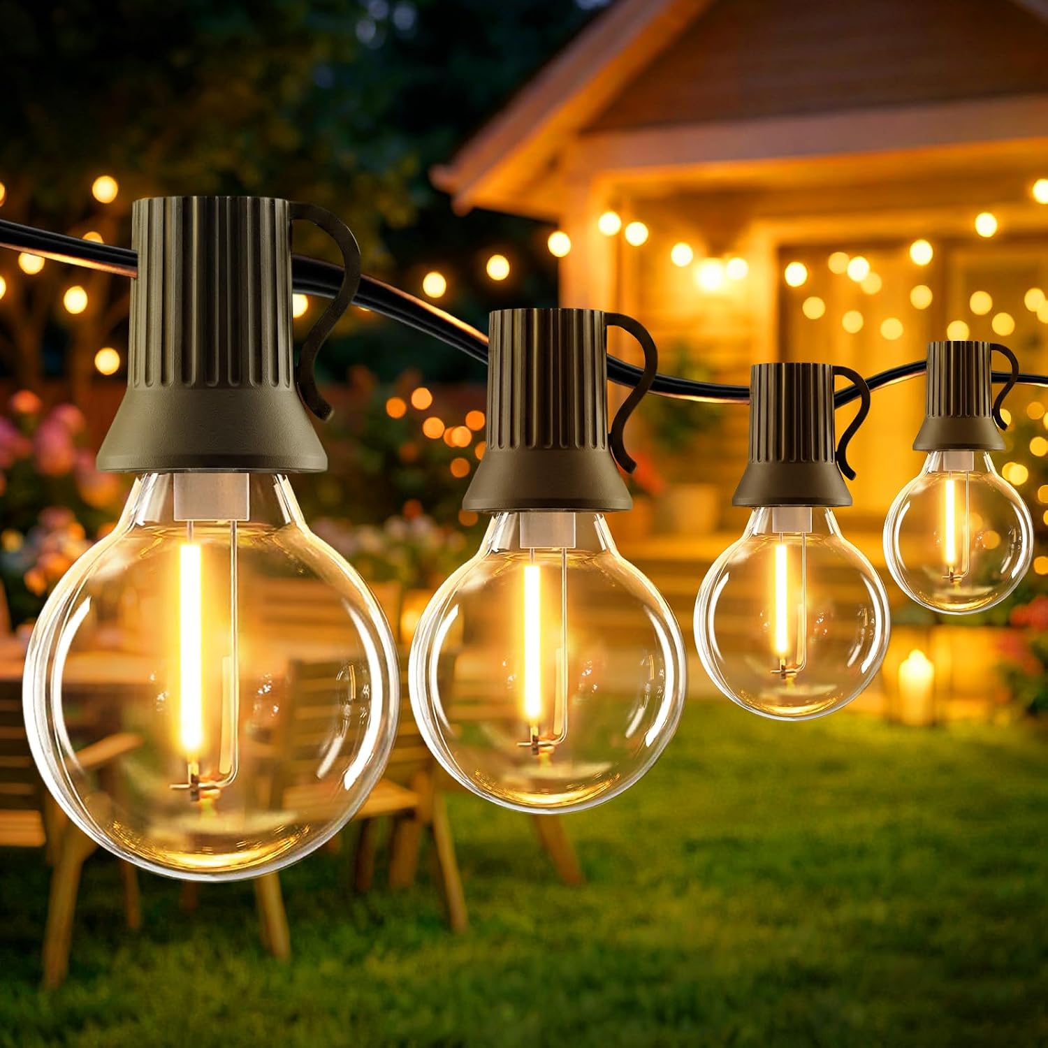 ریسه نوری فضای باز مدل G40 (طول ۲۰ متر) با ۲۵+۲ لامپ LED؛ ریسه ضدآب (استاندارد IP44) مناسب برای باغ، پاسیو، تراس، مهمانی و عروسی. با کنترل و آداپتور