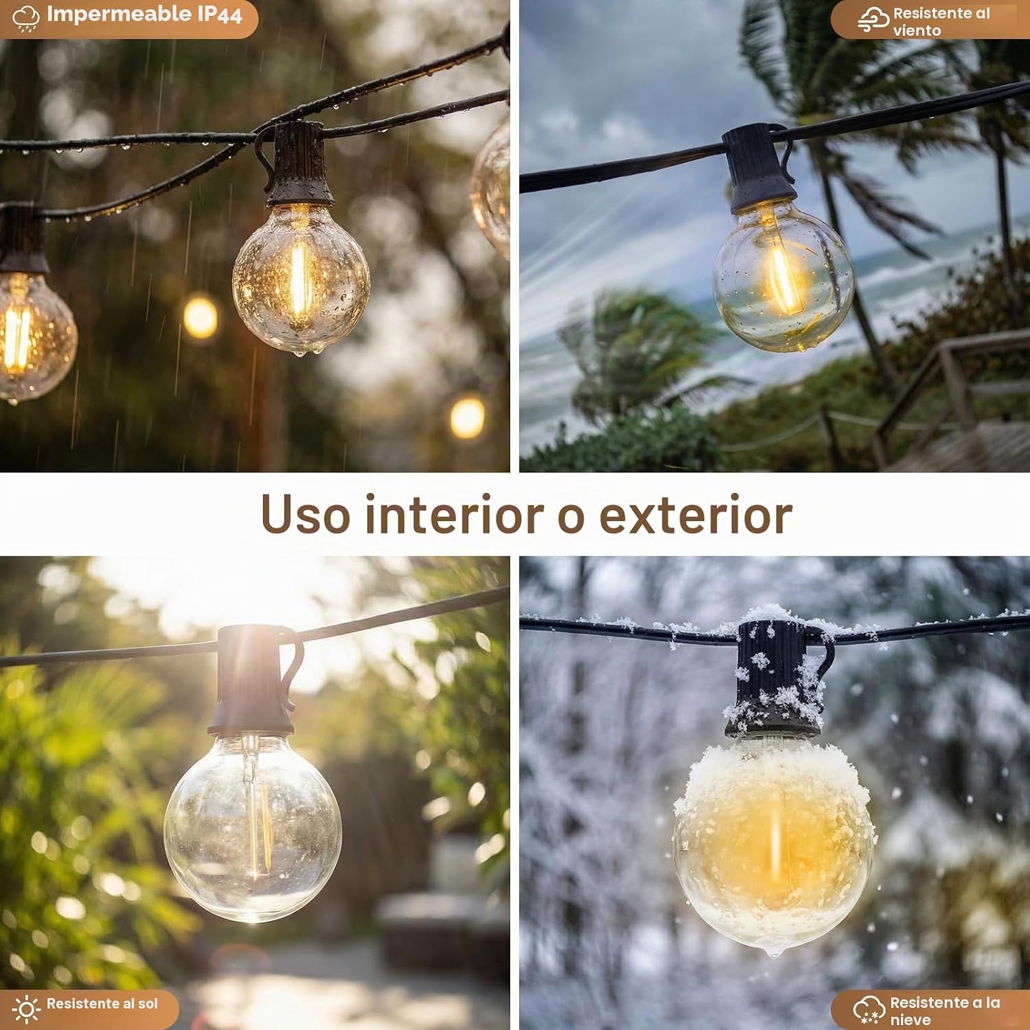 ریسه نوری فضای باز مدل G40 (طول ۲۰ متر) با ۲۵+۲ لامپ LED؛ ریسه ضدآب (استاندارد IP44) مناسب برای باغ، پاسیو، تراس، مهمانی و عروسی. با کنترل و آداپتور