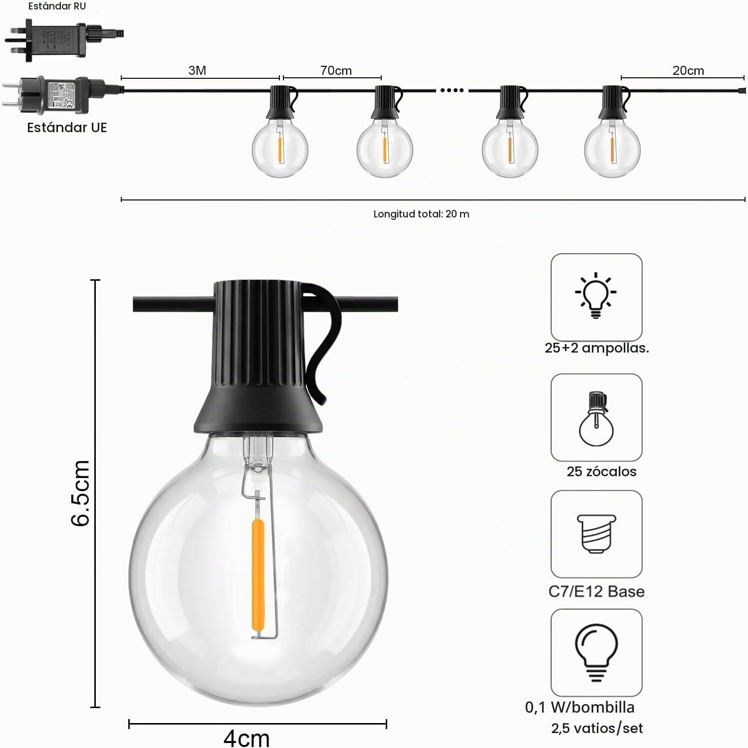 ریسه نوری فضای باز مدل G40 (طول ۲۰ متر) با ۲۵+۲ لامپ LED؛ ریسه ضدآب (استاندارد IP44) مناسب برای باغ، پاسیو، تراس، مهمانی و عروسی. با کنترل و آداپتور