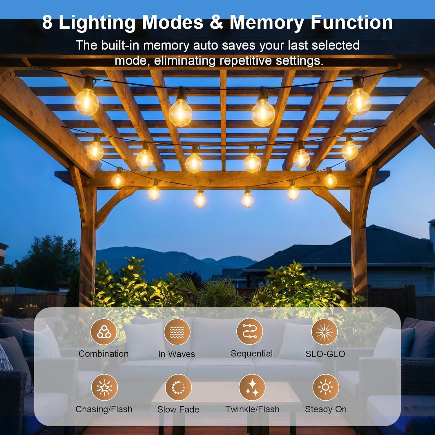 ریسه نوری فضای باز مدل G40 (طول ۲۰ متر) با ۲۵+۲ لامپ LED؛ ریسه ضدآب (استاندارد IP44) مناسب برای باغ، پاسیو، تراس، مهمانی و عروسی. با کنترل و آداپتور