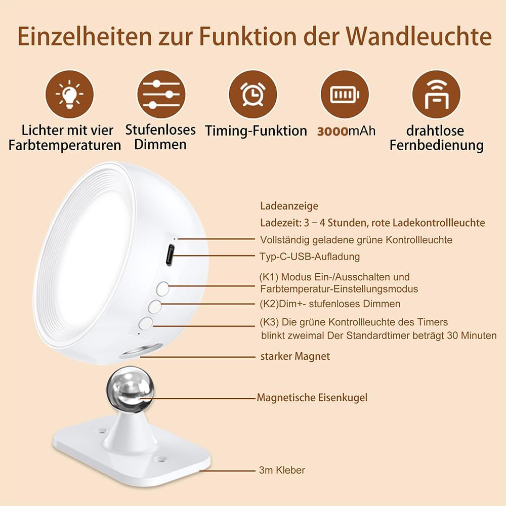 چراغ دیواری LED شارژی داخل ساختمان بدون نیاز به سیمکشی، دارای ۴ سطح روشنایی و ۳ حالت رنگ نور