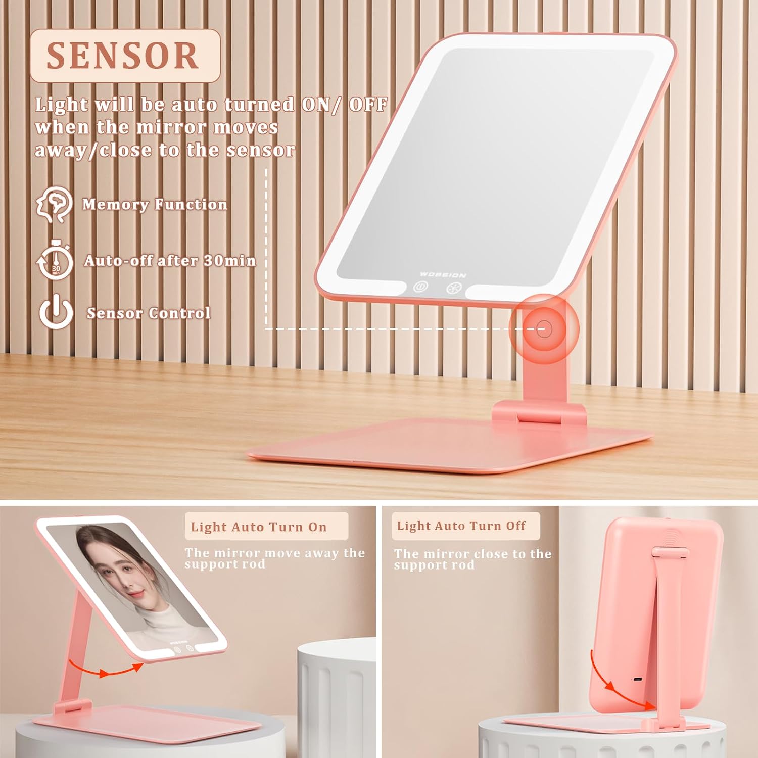آینه آرایشی شارژی مسافرتی WOBSION با نور LED، دارای ۳ حالت نوردهی و پایه تاشو