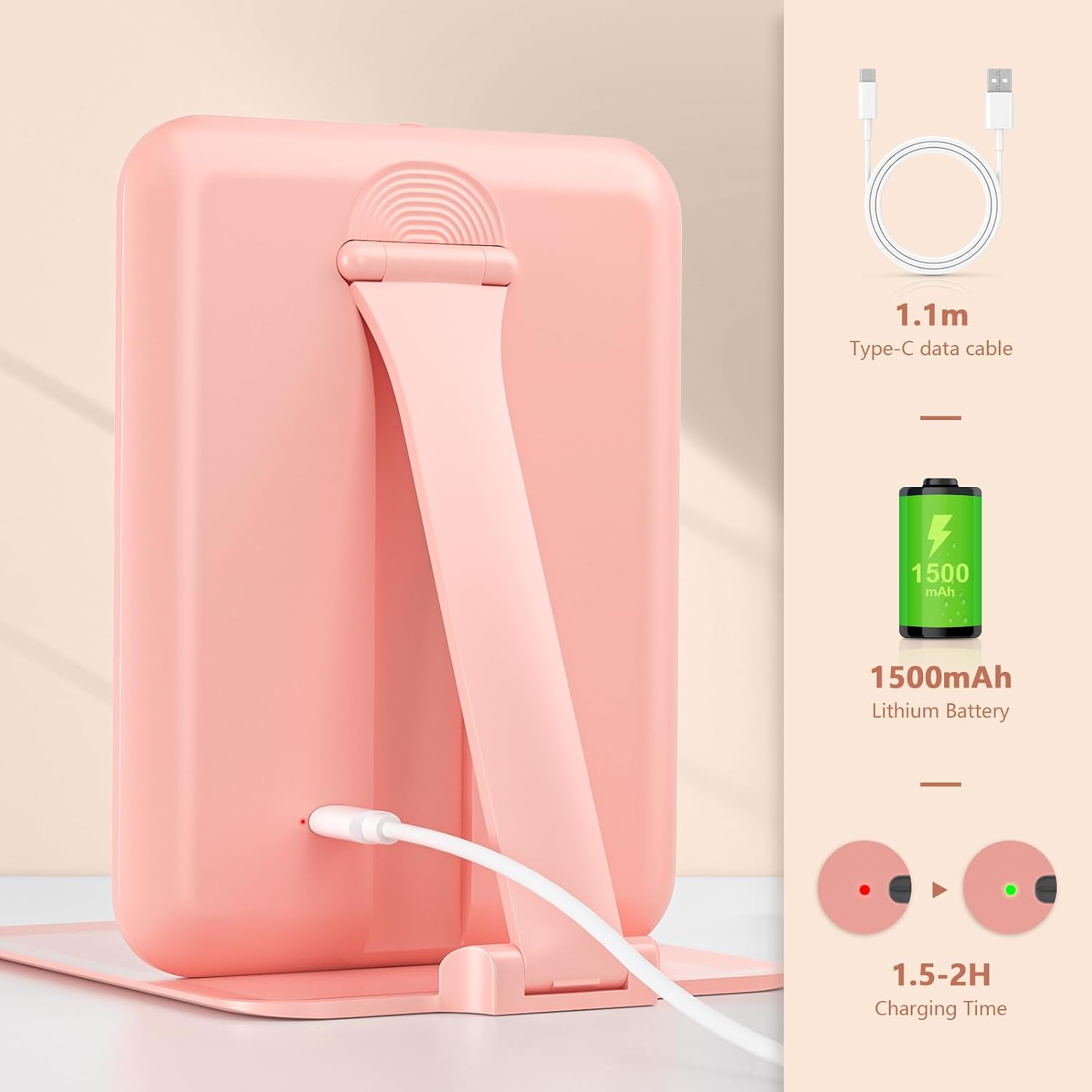 آینه آرایشی شارژی مسافرتی WOBSION با نور LED، دارای ۳ حالت نوردهی و پایه تاشو
