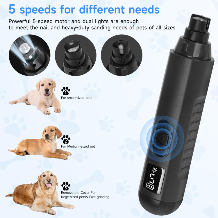 سوهان برقی ناخن سگ OWill مجهز به دو چراغ LED، دستگاه اصلاح ناخن بیصدا با ۵ سرعت و نمایشگر LCD، سوهان شارژی مناسب برای سگها و گربههایی با جثه بزرگ، متوسط و کوچک.