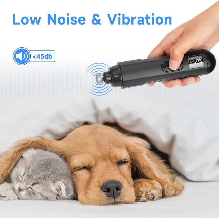 سوهان برقی ناخن سگ OWill مجهز به دو چراغ LED، دستگاه اصلاح ناخن بیصدا با ۵ سرعت و نمایشگر LCD، سوهان شارژی مناسب برای سگها و گربههایی با جثه بزرگ، متوسط و کوچک.