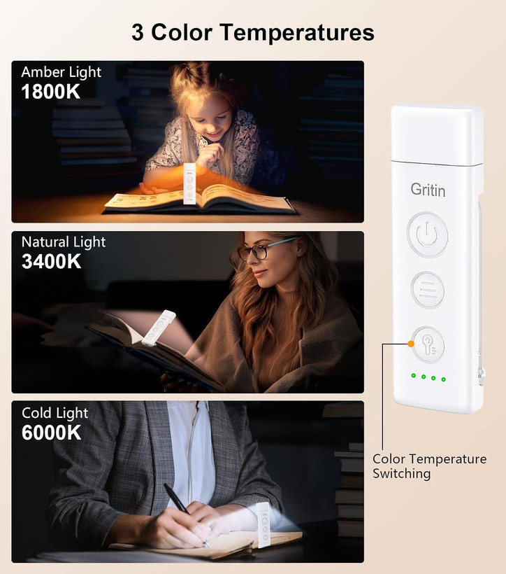 چراغ مطالعه LED شارژی Gritin مدل گیرهای، مناسب مطالعه در تخت و کتابخوانی شبانه