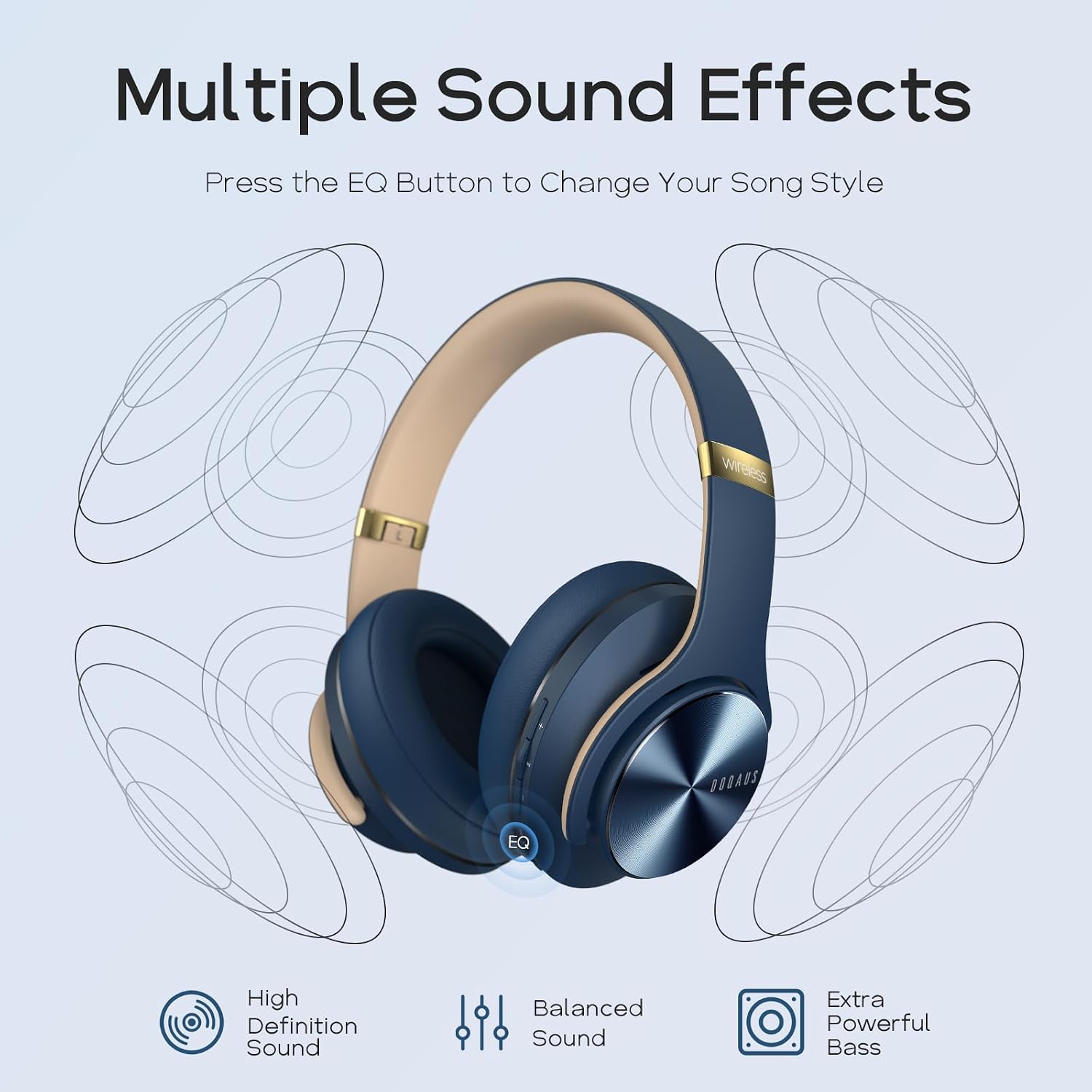 هدفون بیسیم DOQAUS مدل Over Ear با بلوتوث 5.3، بیس قدرتمند و میکروفون داخلی با ۹۰ ساعت شارژدهی، صدای Hi-Fi و حالتهای اکولایزر قابل تنظیم